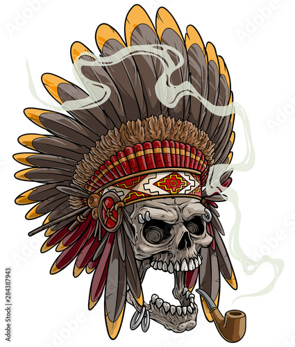 Cartoon detailed realistic colorful scary human skull in native american indian chief headdress with feathers, piercing and tobacco pipe. Isolated on white background. Vector icon set.