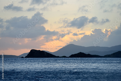 British Virgin Islands, Peter Island. Sunset over Key Point and Key Cay