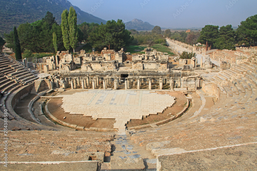 The Great Theater with a view of blue sky, the mountains and Harbour Street in the ancient city ruins of Ephesus, Turkey near Selcuk with blue sky copy space.