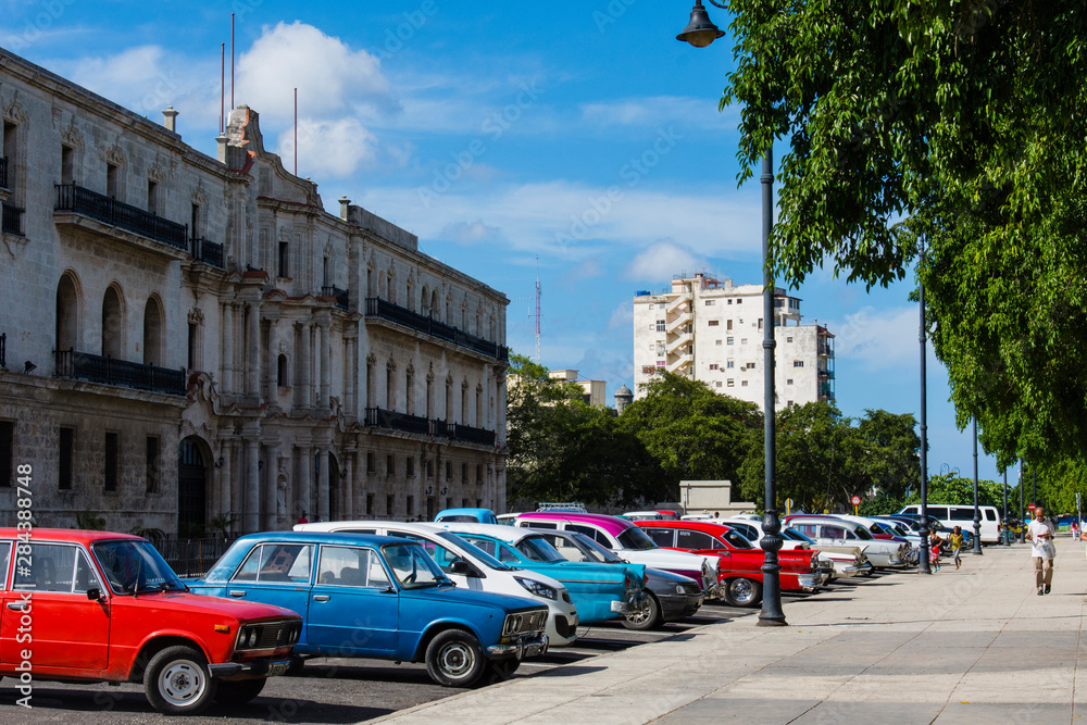 Cuba. Havana. Classic cars lined up in Old Havana.