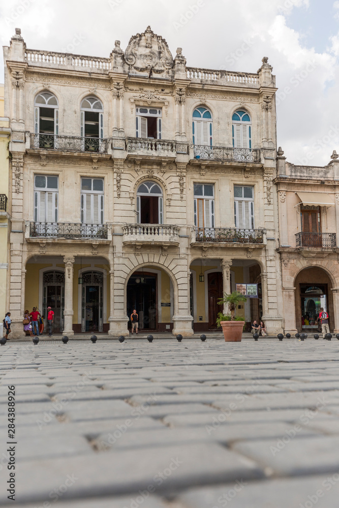 A low-angled view of an old building in the Old Havana section of Havana, Cuba