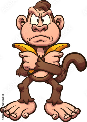 Angry cartoon monkey holding a couple of bananas across it's chest clip art. Vector illustration with simple gradients. All in a single layer. 