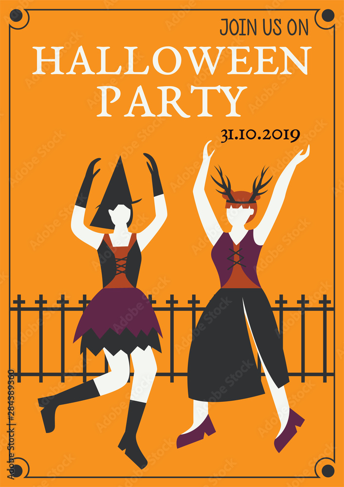 Halloween party invitation or greeting cards with dancing people traditional symbols. Two women dressed in halloween costumes dancing at club or concert.  Flat vector illustration