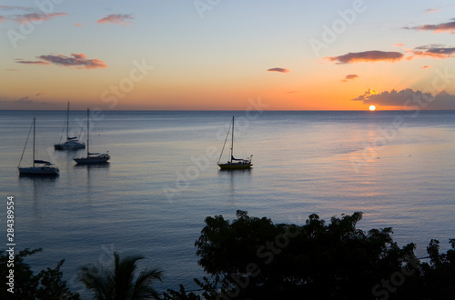 MARTINIQUE. French Antilles. West Indies. View of sunset & Caribbean Sea from...