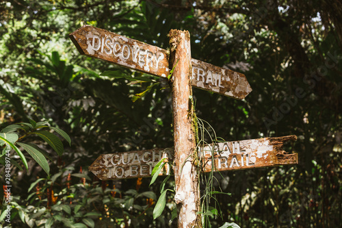 Trinidad  Arima Valley  Asa Wright Nature Center. Aging signpost at nature center.