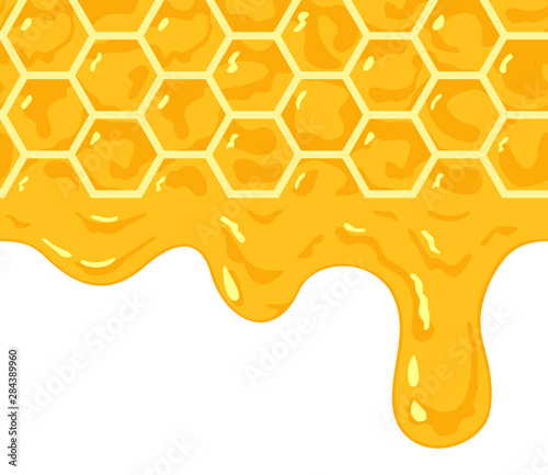 Vector. Seamless pattern realistic honeycomb with honey drips. Honey drips are joined as a seamless pattern. Layers good separated.