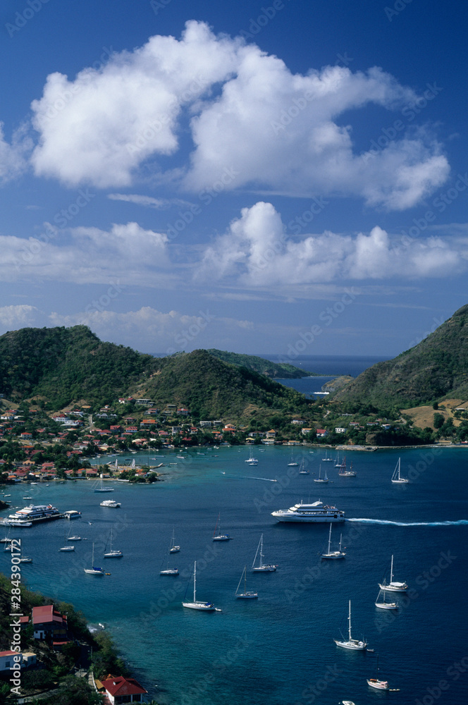 French West Indies, Isle des Saintes, Terre-de-haut, near Guadeloupe, Bourg harbor filled with boats and yachts.