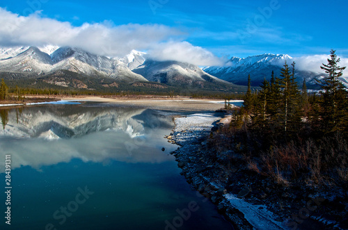 The Athabasca River in Jasper National Park  looking toward Mount Colin and Emir Mountain.