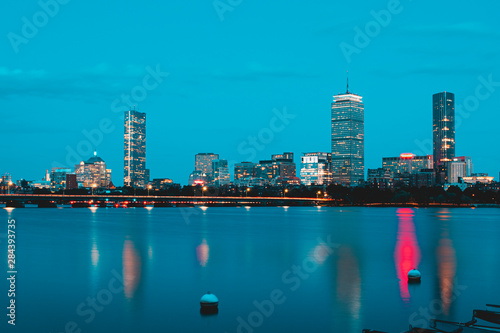 Boston  Massachusetts Skyline view of downtown from Cambridge side of Charles River Including boats and moorings