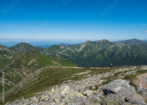 Mountain landscape of Western Tatra mountains with woman with bacpack and dog on hiking trail on Baranec. Sharp green grassy rocky mountain peaks with scrub pine and alpine flower meadow. Summer blue