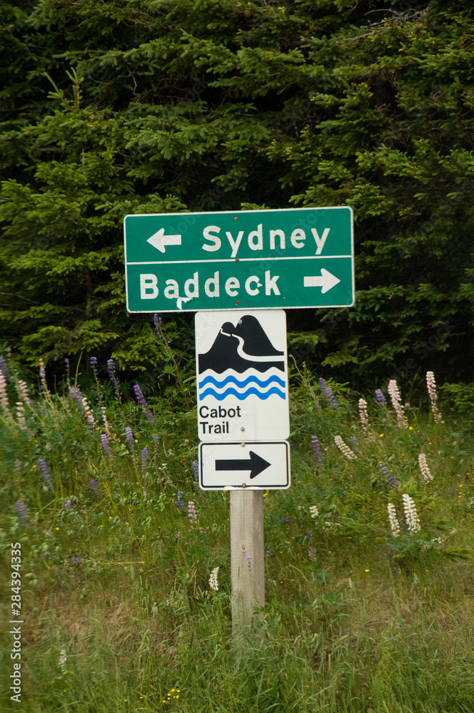 Canada, Nova Scotia, Cape Breton Island, Cabot Trail. Road sign.