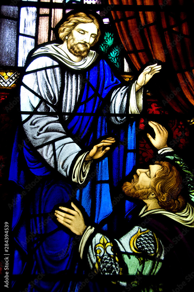 Canada, Nova Scotia, Halifax. Saint Paul's Anglican Church, circa 1749, oldest Protestant church in Canada. Interior, stained glass.