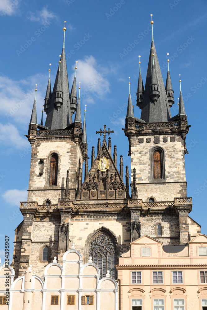 Czech Republic, Prague. Tyn Church spires close-up.