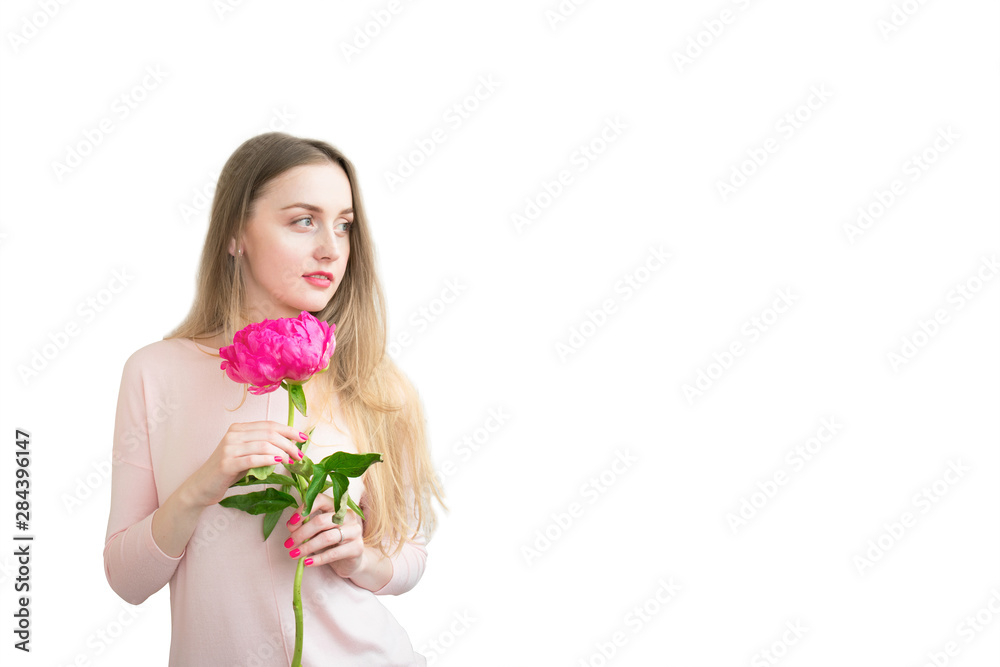 Attractive woman with peony in her hands, young woman looking away, portrait, isolated white background, copy space Attractive woman with peony in her hands, young woman looking away, portrait, isolated white background, copy space