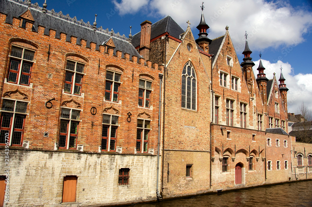 Belgium, Brugge (aka Brug or Bruge). UNESCO World Heritige Site. Typical medieval architecture along the canals of Brugge.