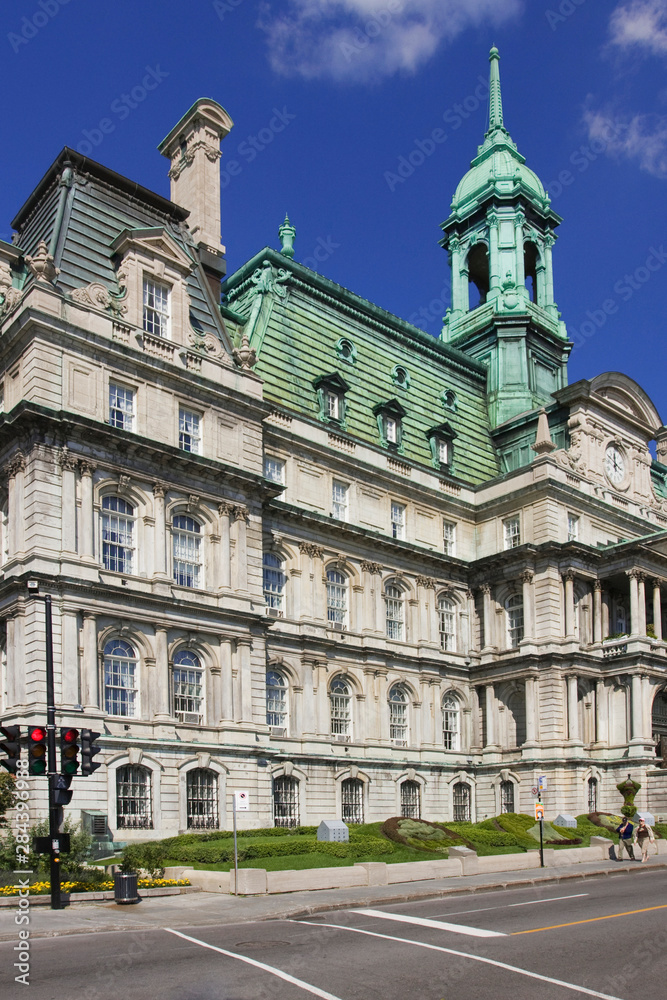 Canada, Quebec, Montreal. View of City Hall building with Napoleon III-style architecture located in Old Montreal. 