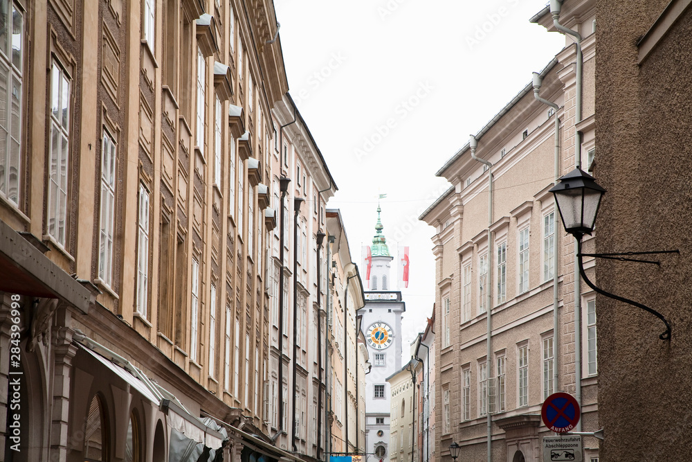 Naklejka premium Salzburg, Salzburg, Austria - Low angle view of old world buildings.
