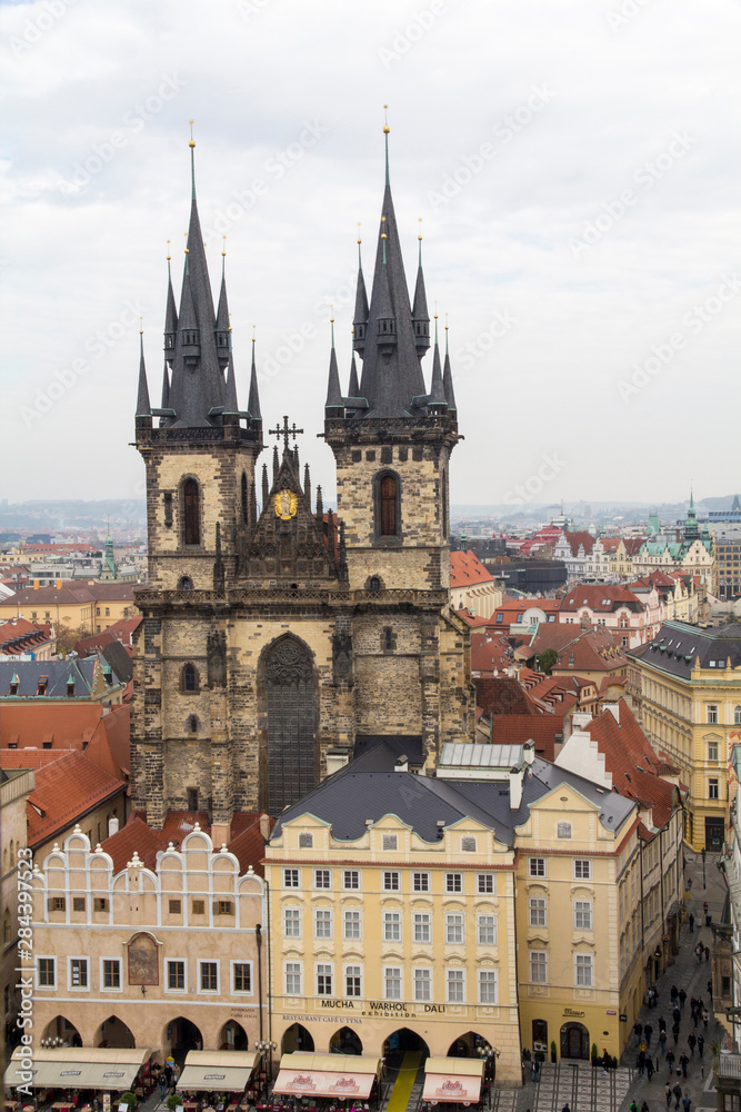 Czech Republic, Bohemia, Prague. Old Town Square dominated by Tyn Cathedral.