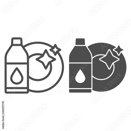 Clean dishes and detergent line and glyph icon. Wash dishes vector illustration isolated on white. Clean plate outline style design, designed for web and app. Eps 10.