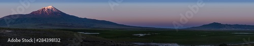 Breathtaking sunset on Mount Ararat  Agri Dagi  the highest mountain in the extreme east of Turkey accepted in Christianity as the resting place of Noah s Ark  snow-capped and dormant compound volcano