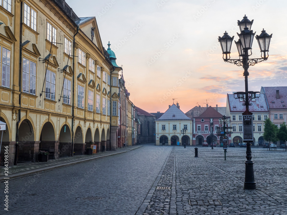 Czech Republic, Jicin. Twilight in the main square surrounded with recently restored historical buildings.