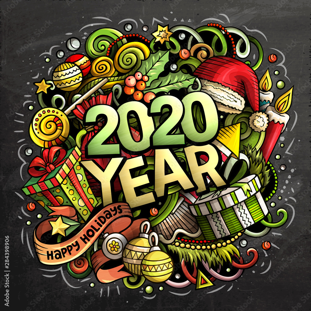 2020 hand drawn doodles chalk board illustration. New Year objec