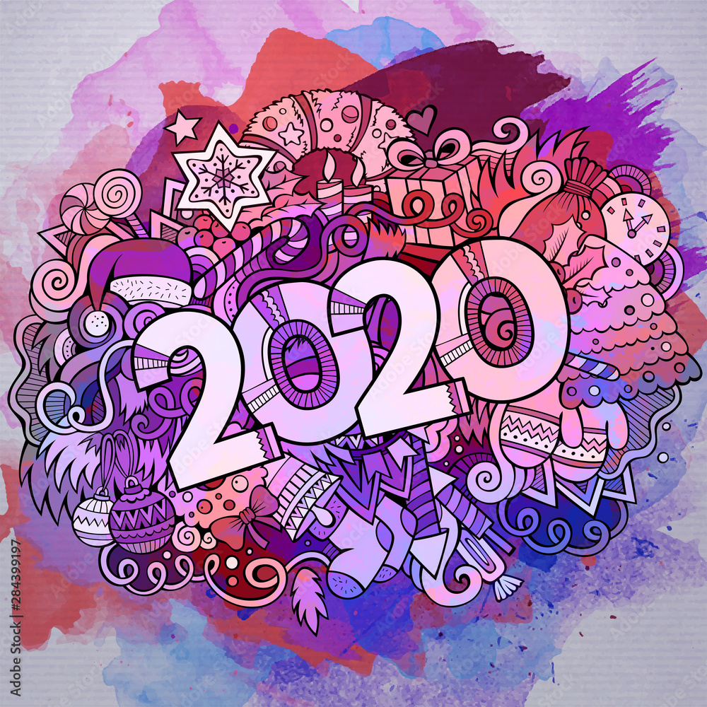 Cartoon vector cute doodles hand drawn 2020 year illustration.