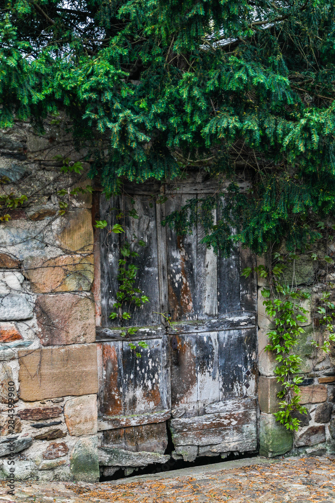 France, Najac. Wooden door in stone wall