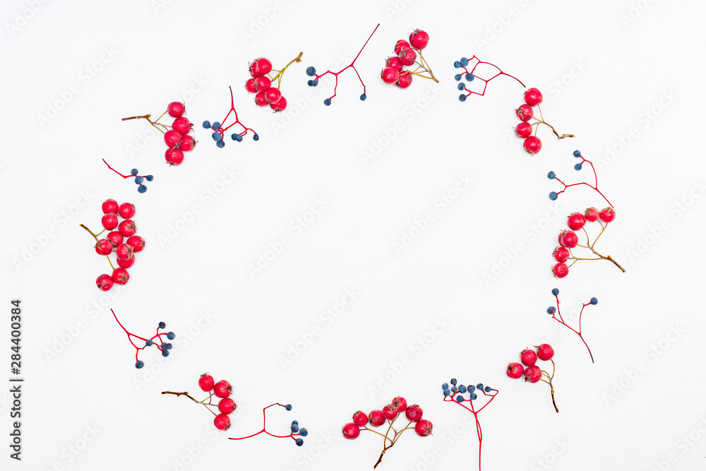 Flat lay frame with colorful autumn berries on a white background