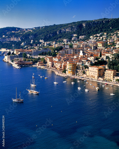 France, Villefranche. Pleasure boats moor in the small harbor at Villefranche on the Riviera in southern France.