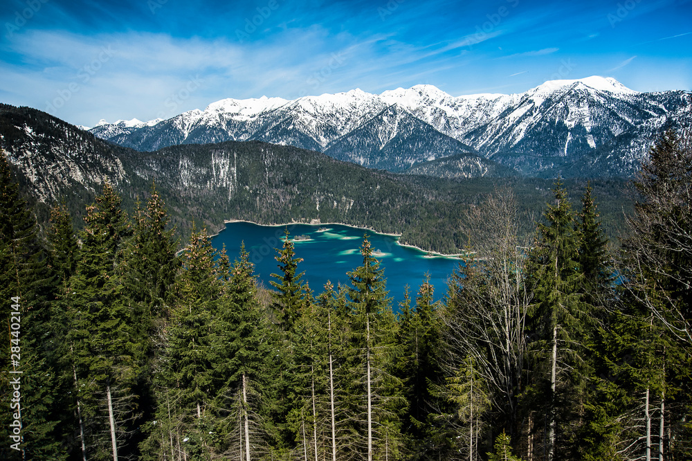 Eibsee, Bavarian Alps, Germany with snow in mountains