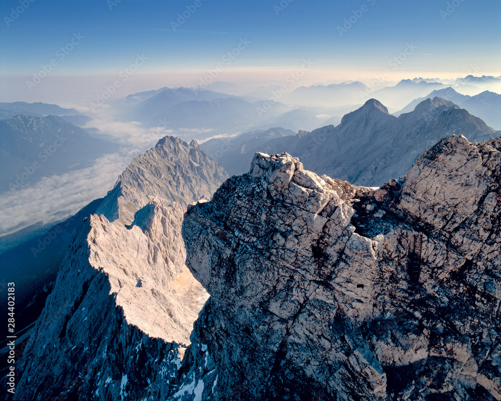 Germany, Bavaria, Zugspitze. Jagged mountain ridges fan out from the Zugspitze in the Bavarian Alps, Germany.