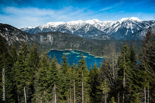 Eibsee, Bavarian Alps, Germany with snow in mountains