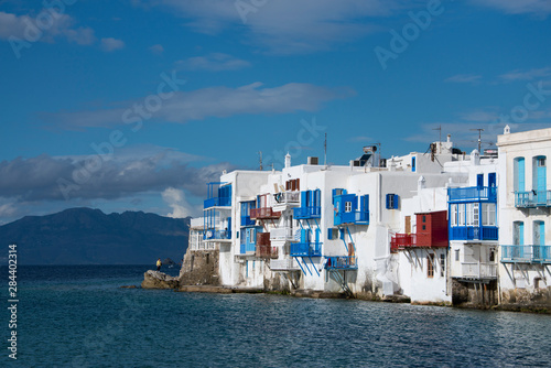 Greece, Cyclades, Mykonos, Hora. Little Venice area with its colorful houses along the Aegean Sea..