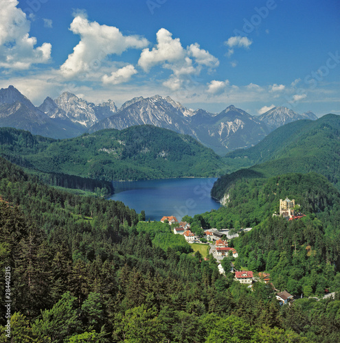 Germany, Bavaria, Hohenschwangau Castle. Hohenschwangau Castle, built by Maximillian II, sits above the Alpsee and the Alps in Bavaria, Germany.