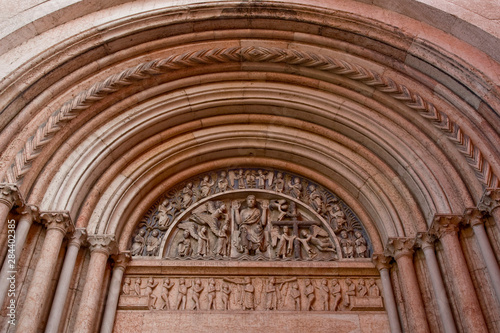 Italy, Parma. Details of the archway above entrance to the Baptistry.