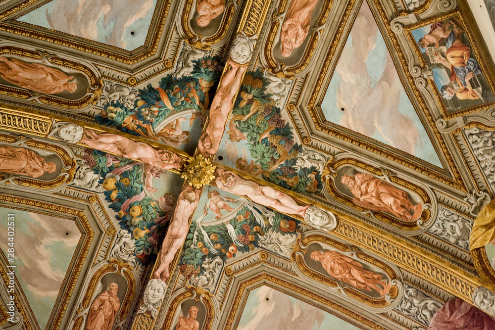 Italy, Parma. Details of frescoed ceiling in the Parma Cathedral.