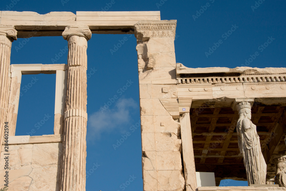 Greece, Athens, Acropolis. Erectheum, Porch of the Caryatids. Detail of carved maiden columns..