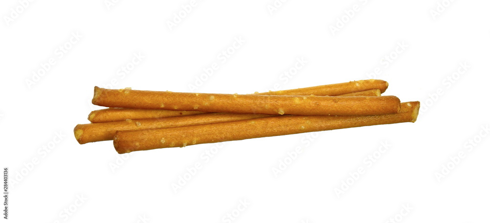 Salty cracker pretzel sticks isolated on white background. 