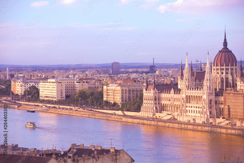 HUNGARY, Budapest. View of the Parliament Buildings from Castle Hill. 