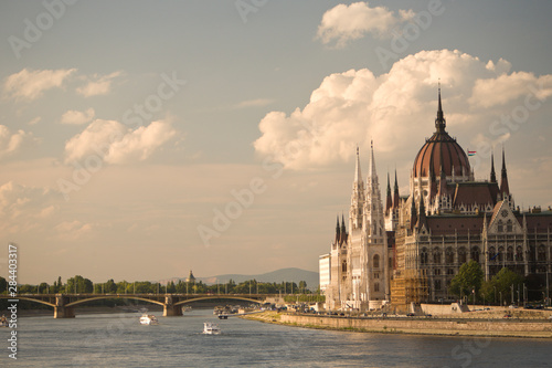 Parliament Buildings along Danube River, viewed from the Chain Bridge, Pest side of Budapest, Hungary, Europe