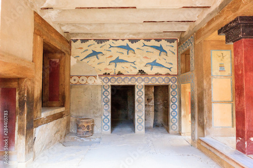 Mural of dolphins. Knossos Palace dated to 2000 BC is considered to be Europe s oldest City. Crete. Greece.