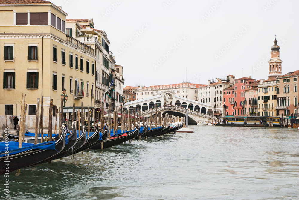Italy, Venice. Gondolas along the Grand Canal. 