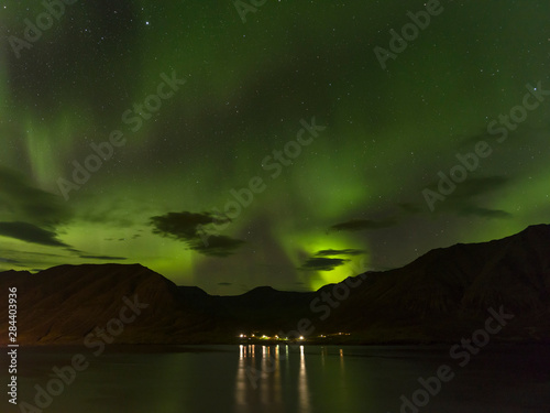 Northern lights near Olafsjordur, Trollaskagi peninsula in Iceland.