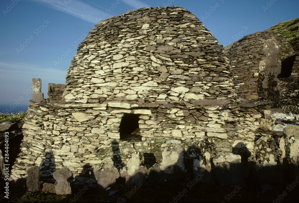 Ireland, Skellig Michael Island, Celtic Stone beehive huts from 6th century, World Heritage Site