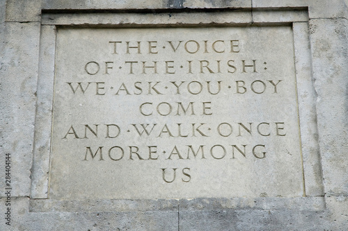 Ireland, County Mayo, Westport. Inscription on the monument to St. Patrick.