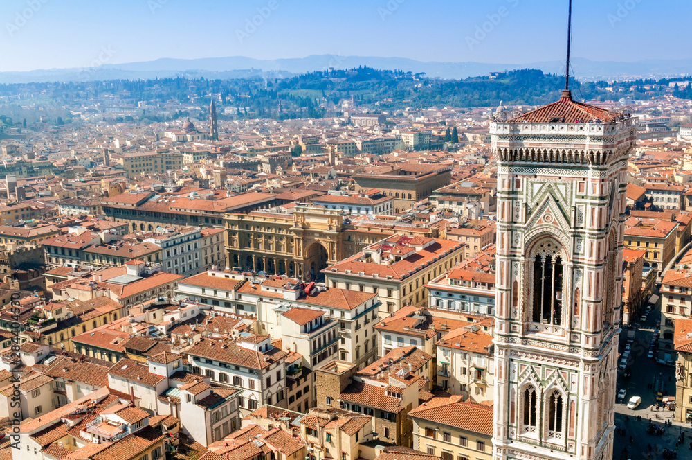 Campanile of Giotto and city view from the top of the Duomo, Florence, UNESCO World Heritage Site, Tuscany, Italy