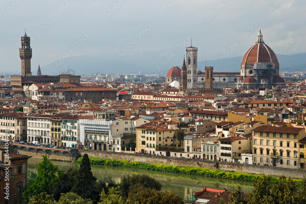 Italy, Florence. Overview of the city and the River Arno as seen from Michelangelo Plaza. 