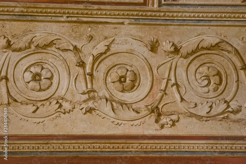 Italy, Campania, Pompeii. Detail of wall decorations.