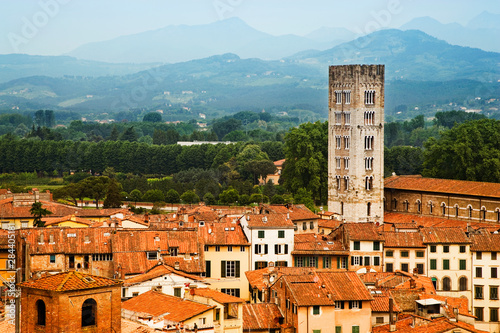Italy, Lucca. Overview of town and mountains. 